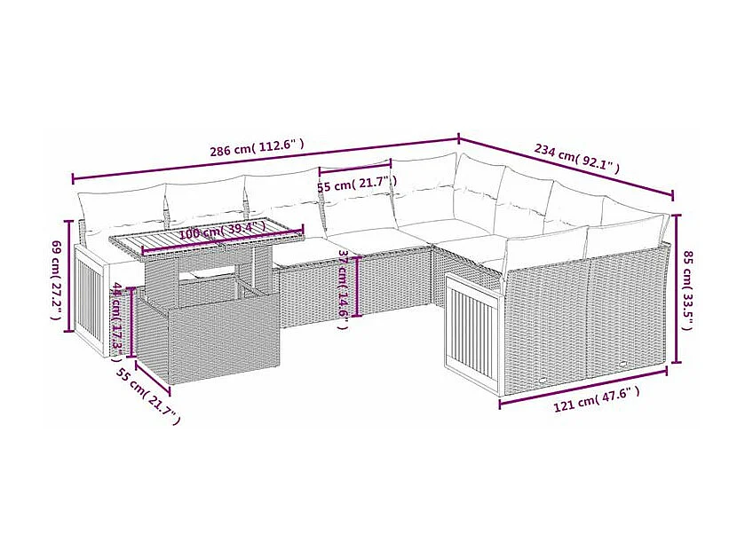 Salon de jardin avec coussins 10 pcs beige résine tressée