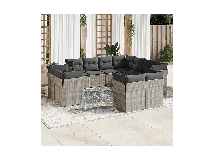 Salon de jardin 11 pcs avec coussins gris clair résine tressée