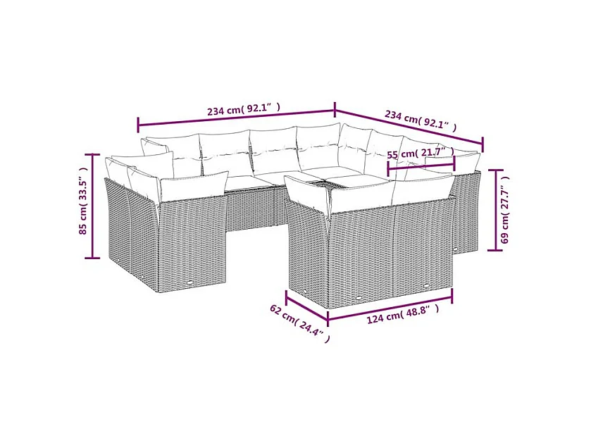 Salon de jardin 11 pcs avec coussins gris clair résine tressée