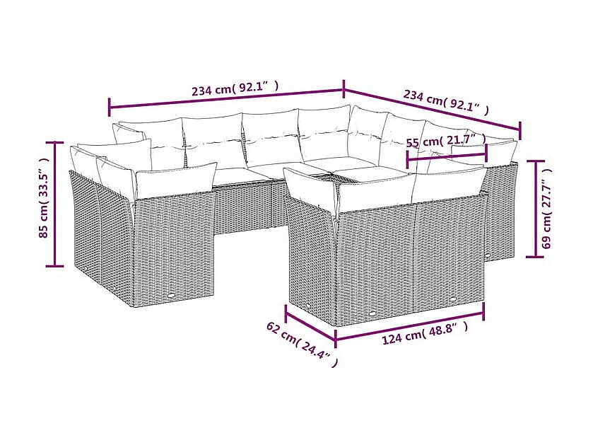 Salon de jardin 11 pcs avec coussins gris clair résine tressée