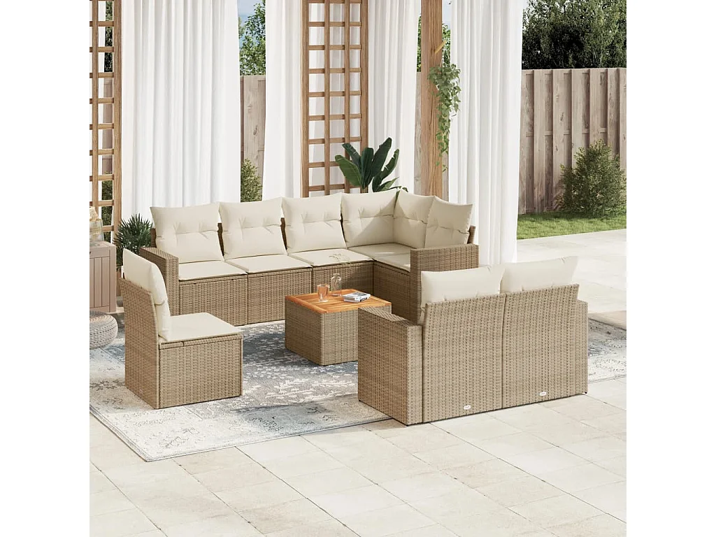 Salon de jardin avec coussins 9 pcs beige résine tressée