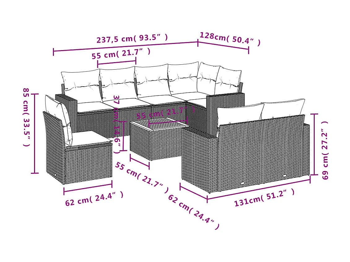 Salon de jardin avec coussins 9 pcs beige résine tressée