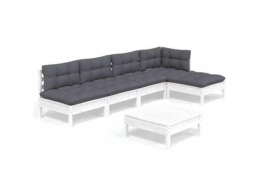 Salon de jardin 6 pcs avec coussins blanc bois de pin