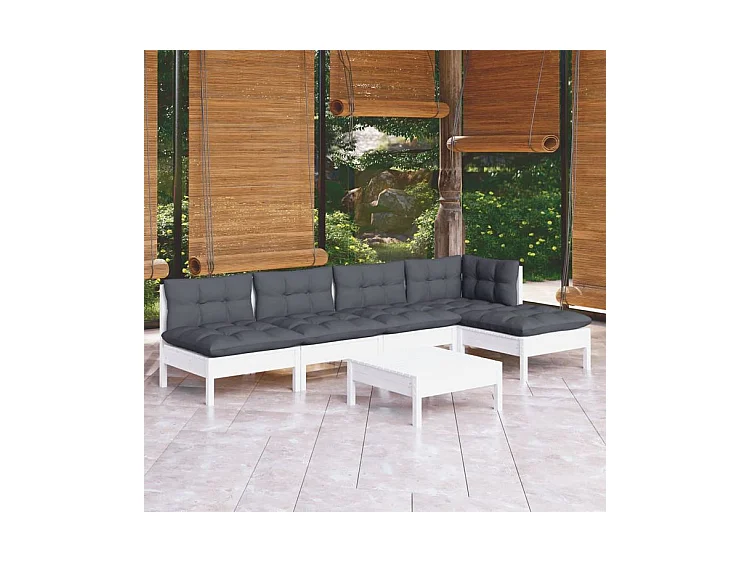 Salon de jardin 6 pcs avec coussins blanc bois de pin