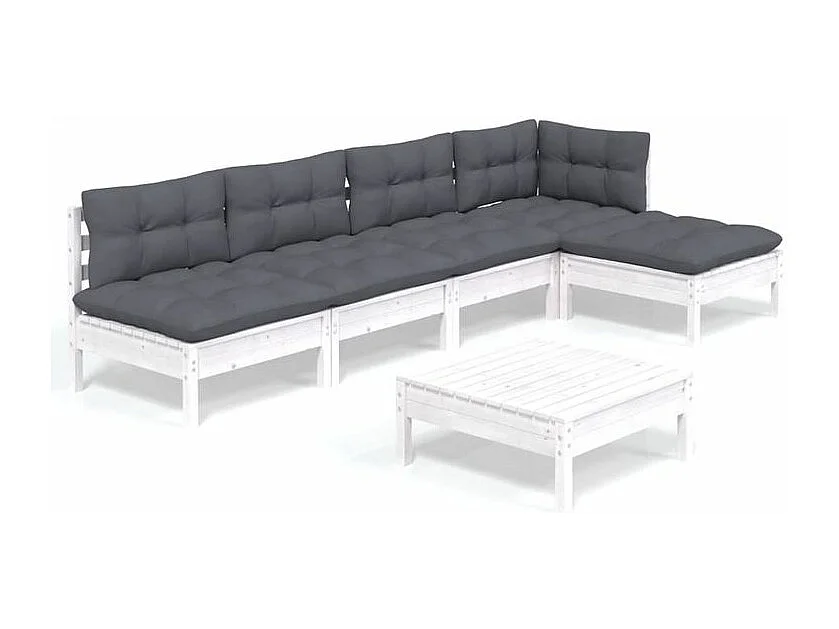 Salon de jardin 6 pcs avec coussins blanc bois de pin