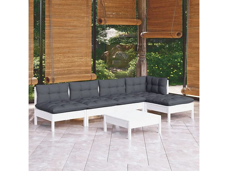 Salon de jardin 6 pcs avec coussins blanc bois de pin