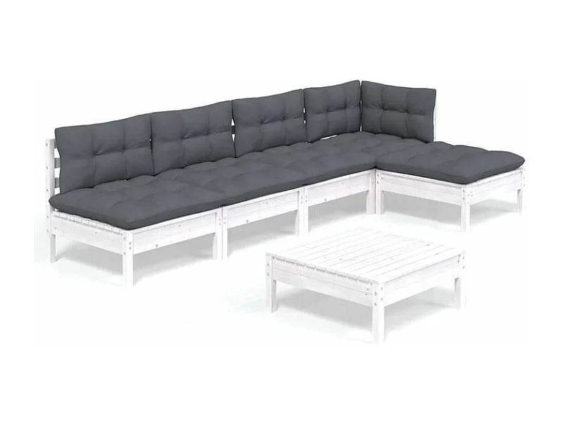 Salon de jardin 6 pcs avec coussins blanc bois de pin