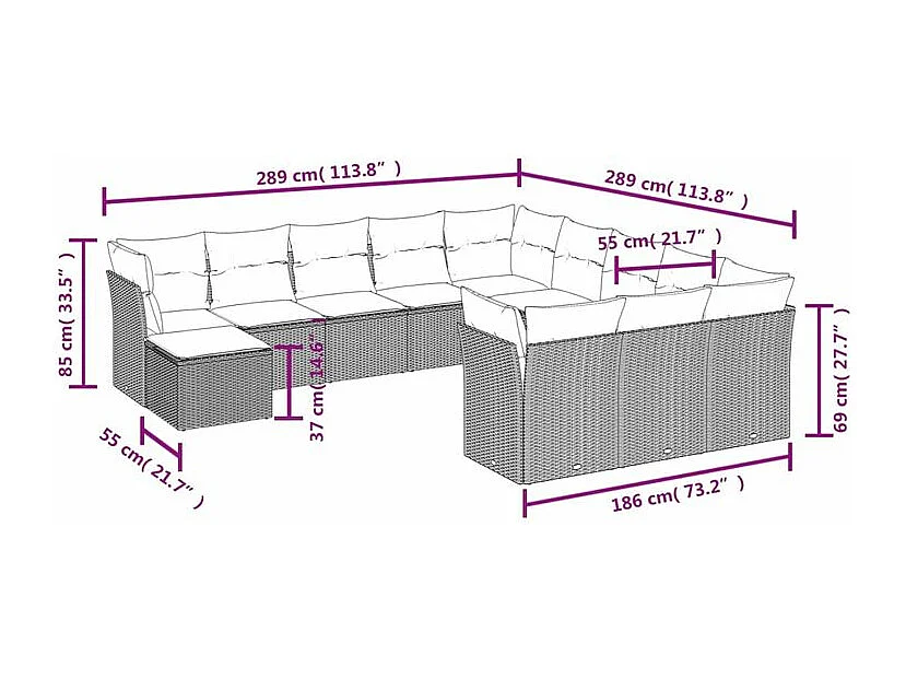 Salon de jardin avec coussins 12 pcs gris clair résine tressée