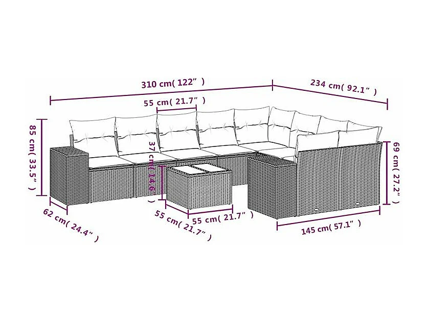 Salon de jardin 10 pcs avec coussins marron résine tressée