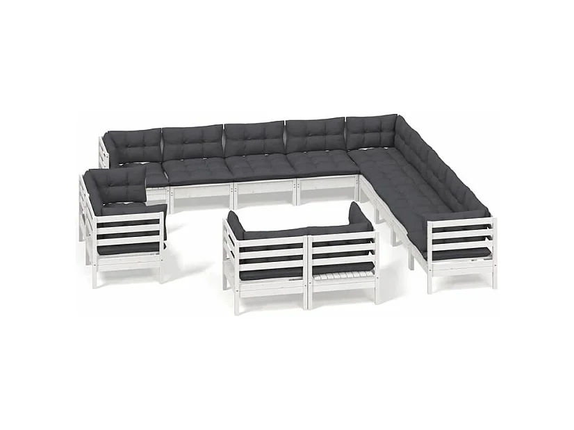Salon de jardin 13 pcs avec coussins blanc bois de pin solide