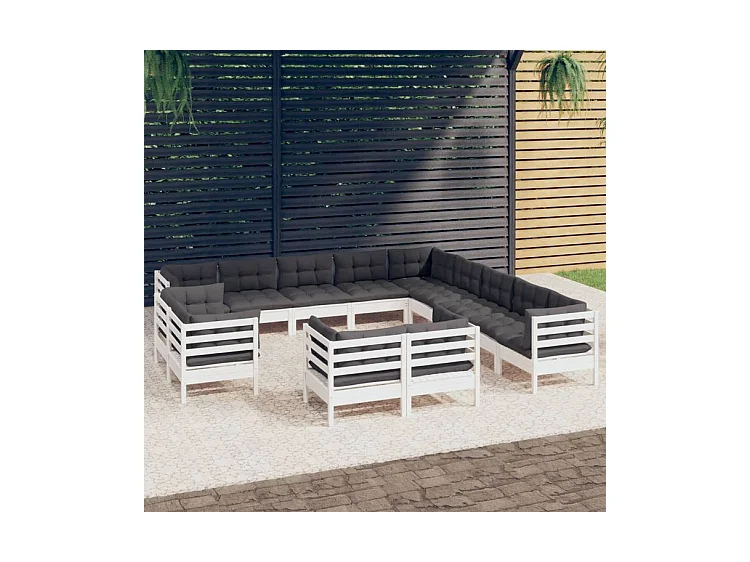 Salon de jardin 13 pcs avec coussins blanc bois de pin solide