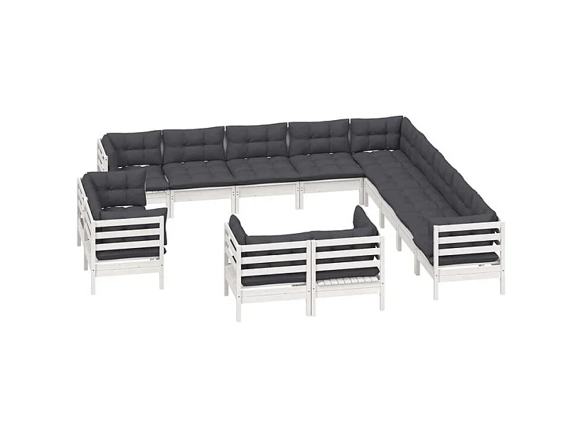 Salon de jardin 13 pcs avec coussins blanc bois de pin solide