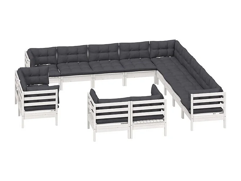 Salon de jardin 13 pcs avec coussins blanc bois de pin solide