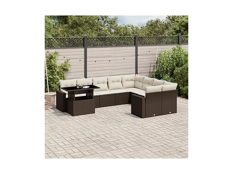 Salon de jardin 10 pcs avec coussins marron résine tressée