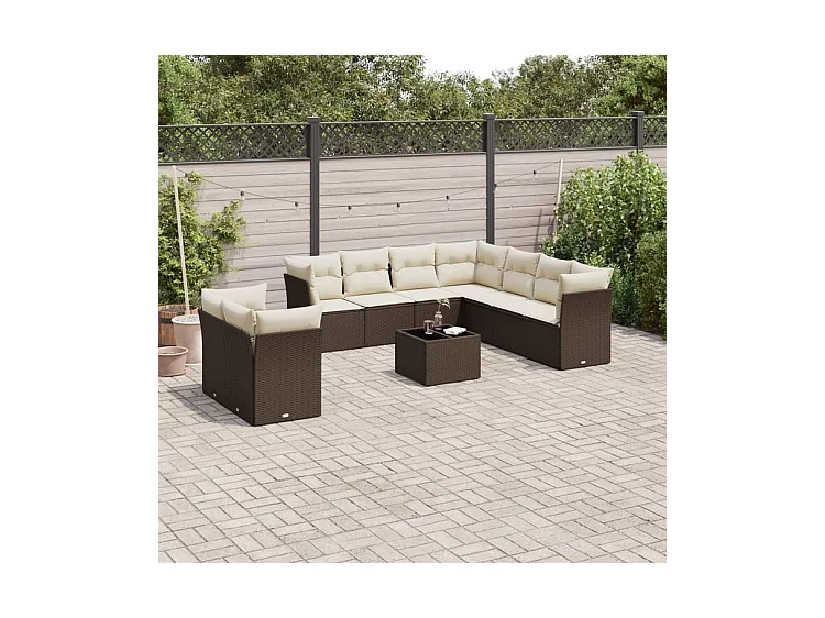 Salon de jardin 10 pcs avec coussins marron résine tressée