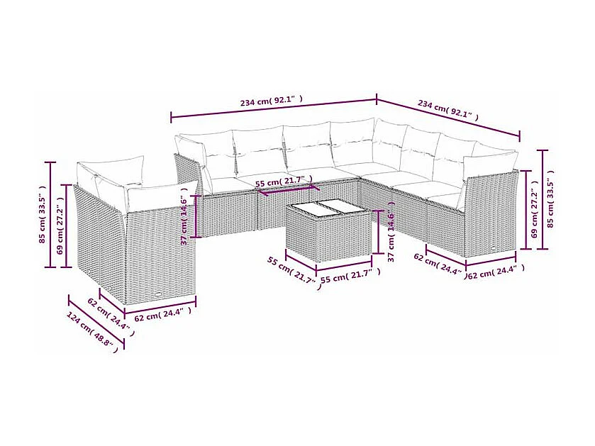 Salon de jardin 10 pcs avec coussins marron résine tressée