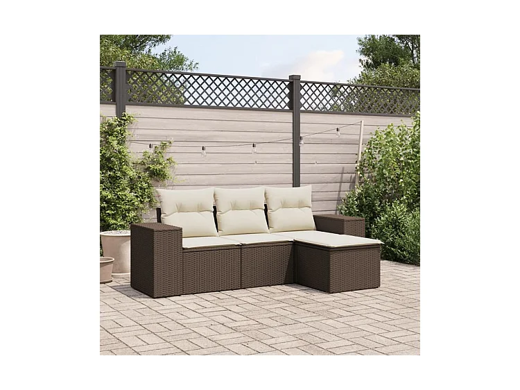 Salon de jardin 4 pcs avec coussins marron résine tressée