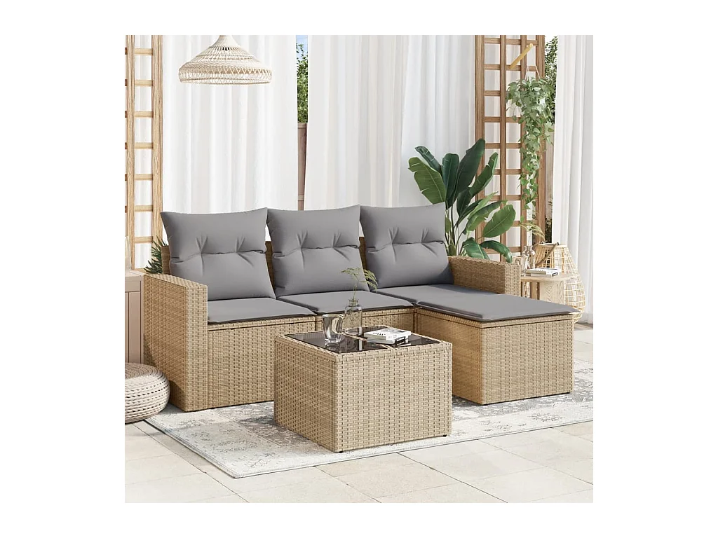 Salon de jardin avec coussins 5 pcs beige résine tressée