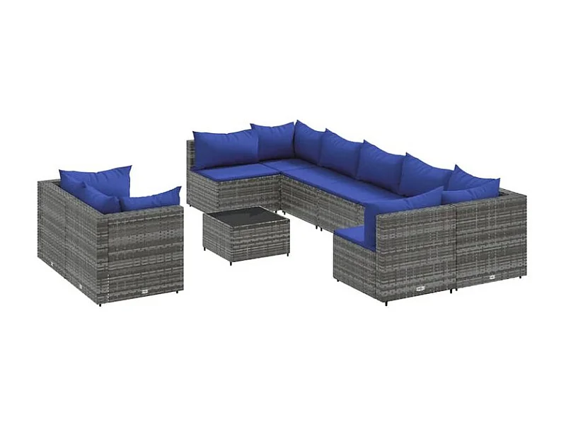 Salon de jardin avec coussins 10 pcs gris résine tressée
