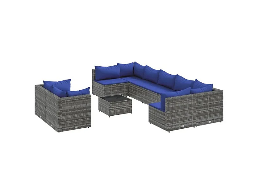 Salon de jardin avec coussins 10 pcs gris résine tressée