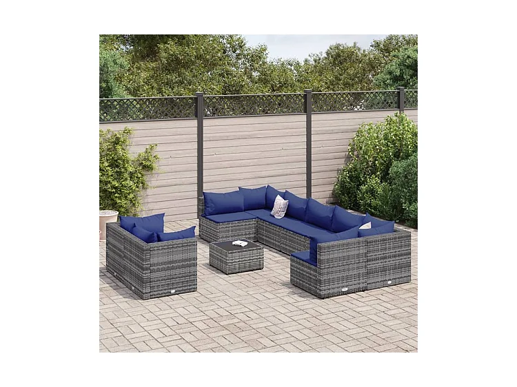 Salon de jardin avec coussins 10 pcs gris résine tressée