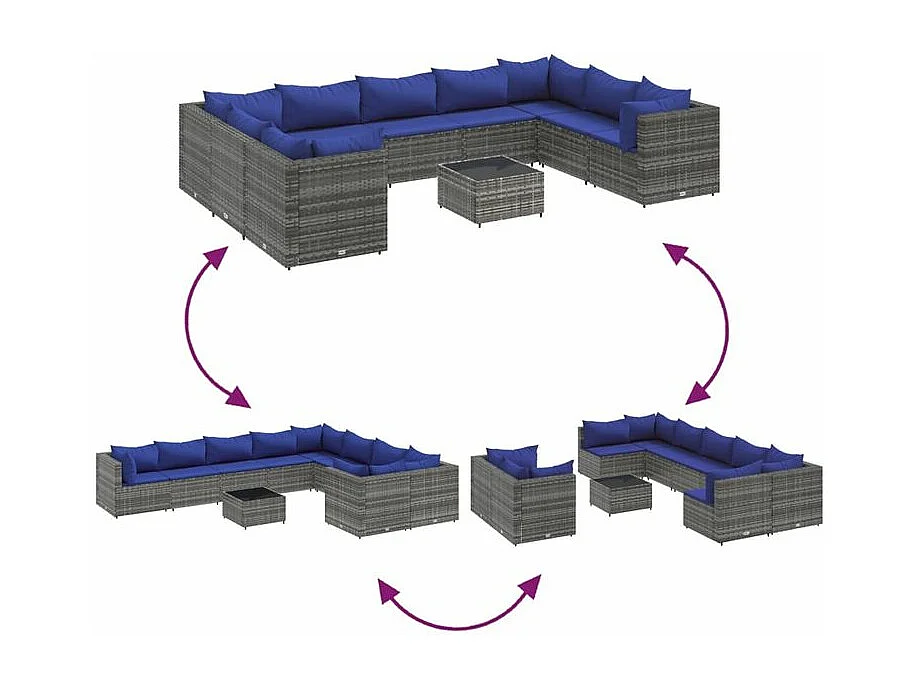 Salon de jardin avec coussins 10 pcs gris résine tressée