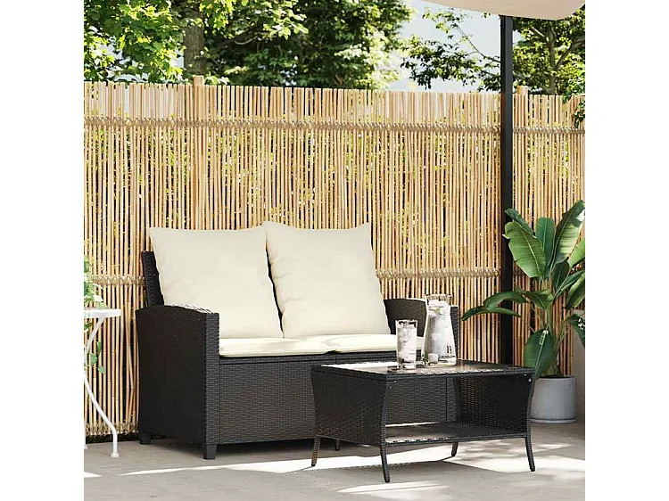 Canapé de jardin 2 places coussins et table noir résine tressée