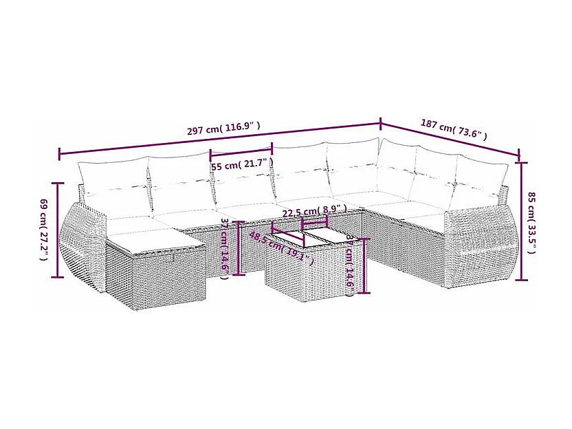 Salon de jardin avec coussins 9 pcs marron résine tressée