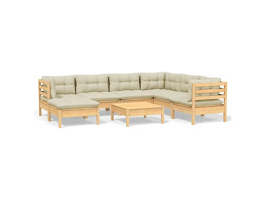 Salon de jardin 8 pcs avec coussins crème Bois de pin solide