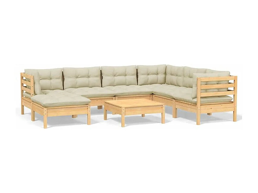 Salon de jardin 8 pcs avec coussins crème Bois de pin solide