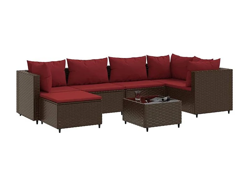 Salon de jardin avec coussins 7 pcs marron résine tressée