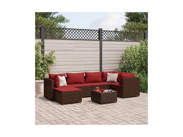 Salon de jardin avec coussins 7 pcs marron résine tressée