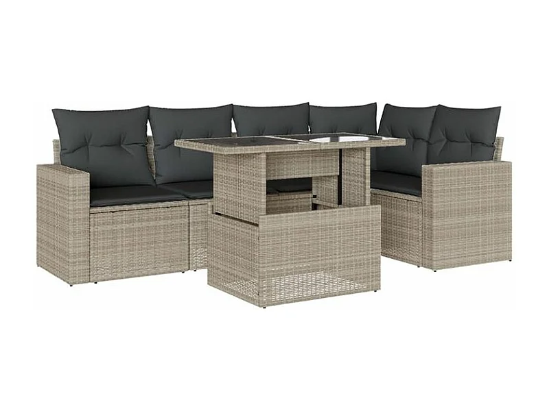 Salon de jardin 6 pcs avec coussins gris clair résine tressée