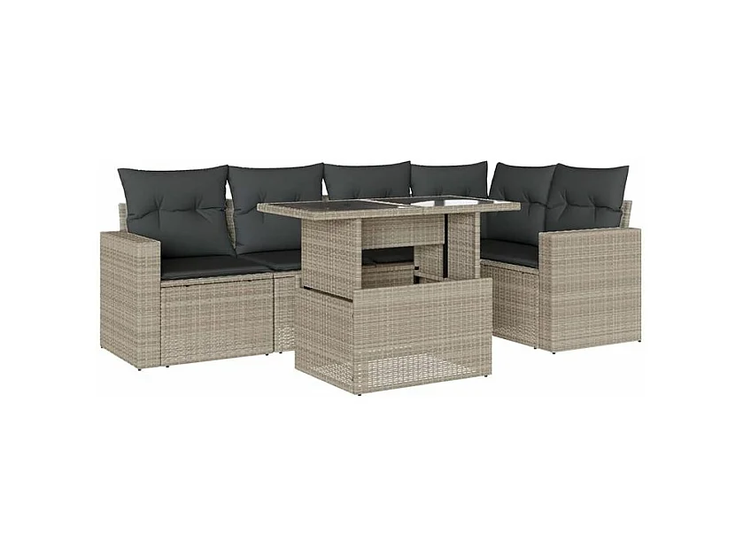 Salon de jardin 6 pcs avec coussins gris clair résine tressée