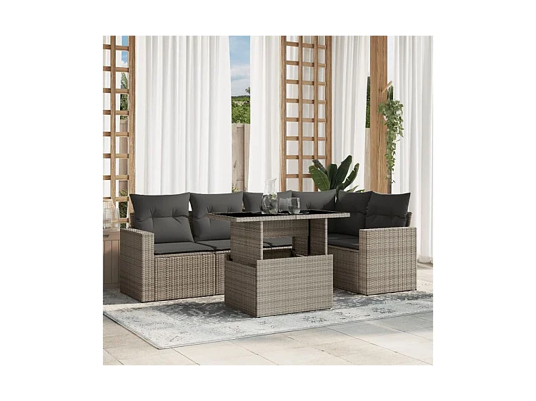 Salon de jardin 6 pcs avec coussins gris clair résine tressée