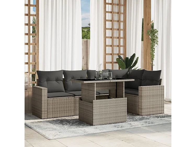 Salon de jardin 6 pcs avec coussins gris clair résine tressée