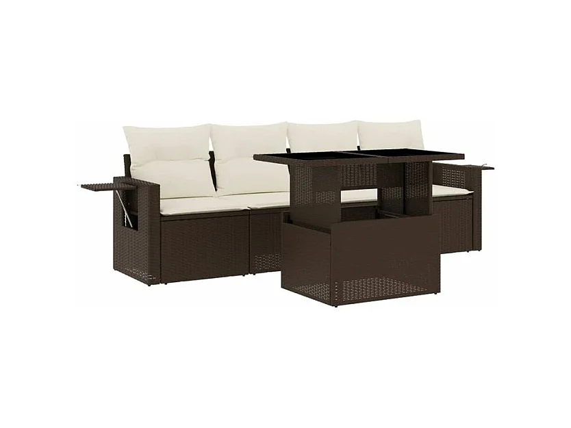 Salon de jardin avec coussins 5 pcs marron résine tressée