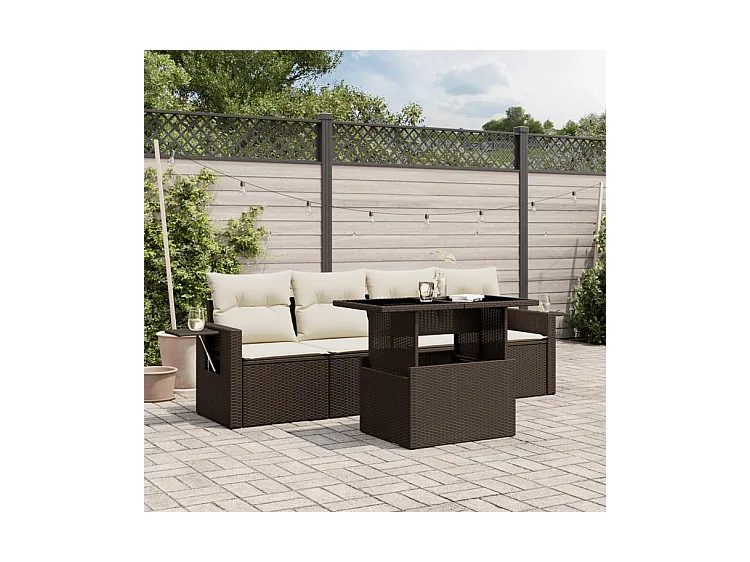 Salon de jardin avec coussins 5 pcs marron résine tressée