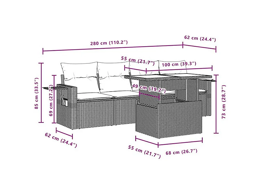 Salon de jardin avec coussins 5 pcs marron résine tressée