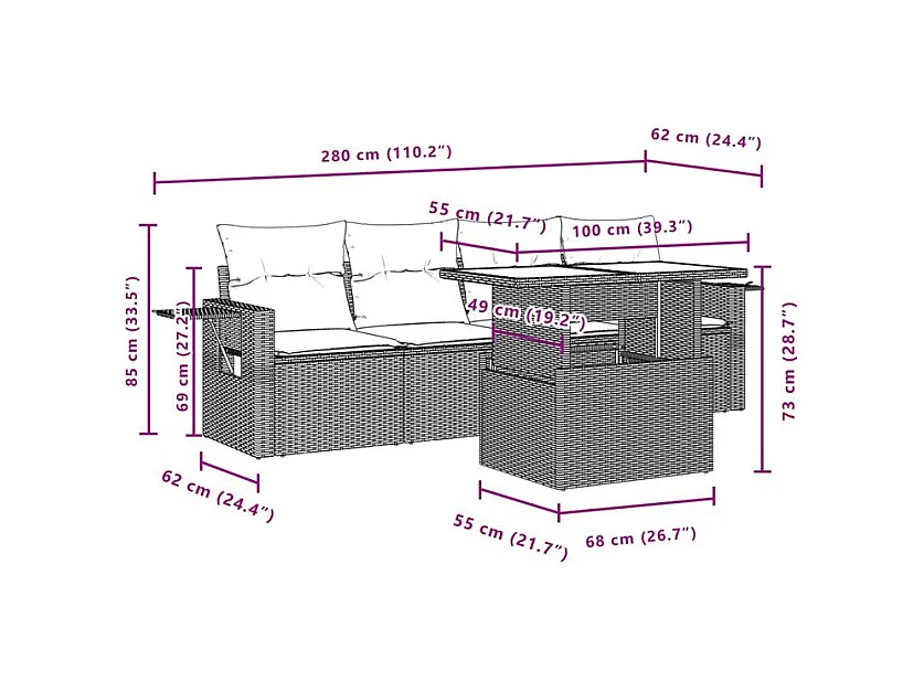 Salon de jardin avec coussins 5 pcs marron résine tressée