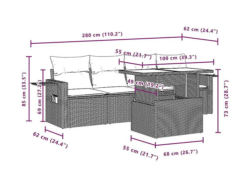 Salon de jardin avec coussins 5 pcs marron résine tressée