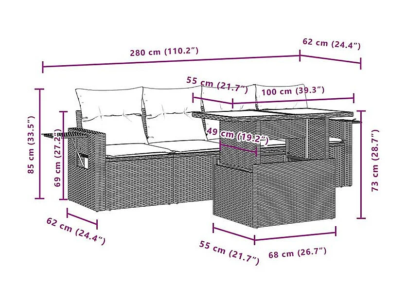 Salon de jardin avec coussins 5 pcs marron résine tressée