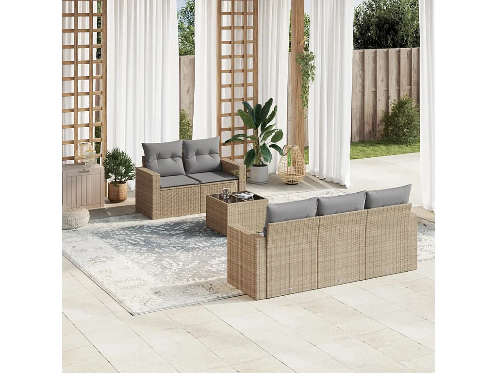Salon de jardin avec coussins 6 pcs beige résine tressée
