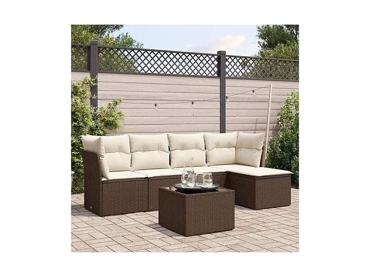 Salon de jardin avec coussins 6 pcs marron résine tressée