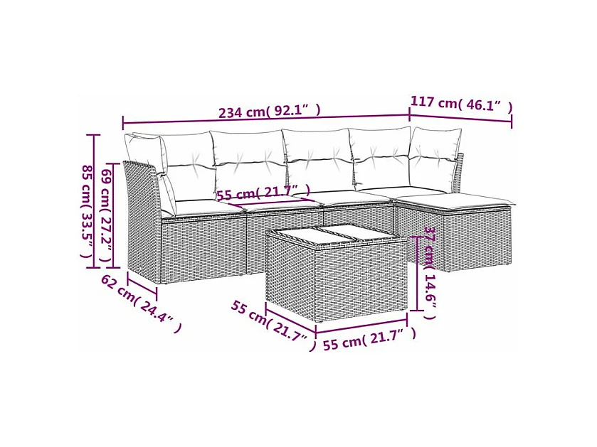 Salon de jardin avec coussins 6 pcs marron résine tressée