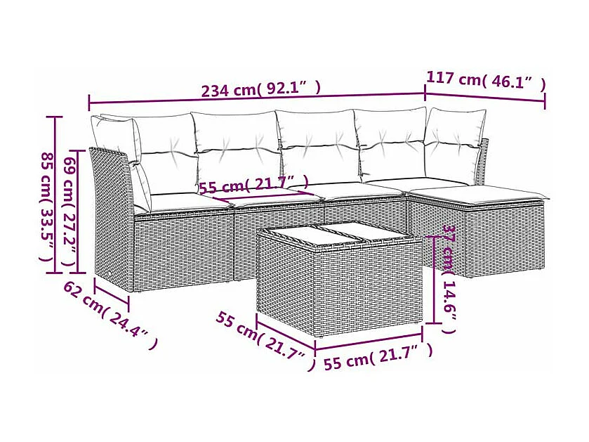 Salon de jardin avec coussins 6 pcs marron résine tressée
