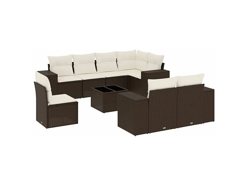 Salon de jardin avec coussins 9 pcs marron résine tressée