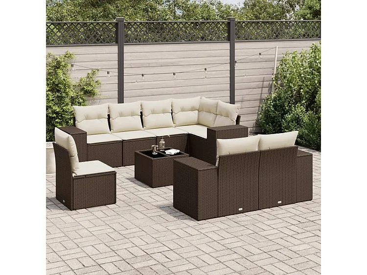 Salon de jardin avec coussins 9 pcs marron résine tressée