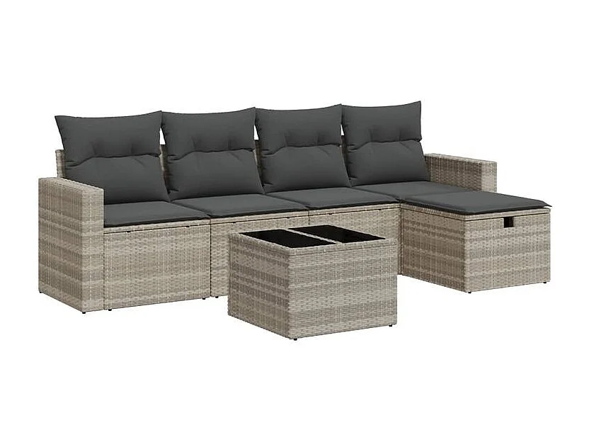 Salon de jardin 6 pcs avec coussins gris clair résine tressée