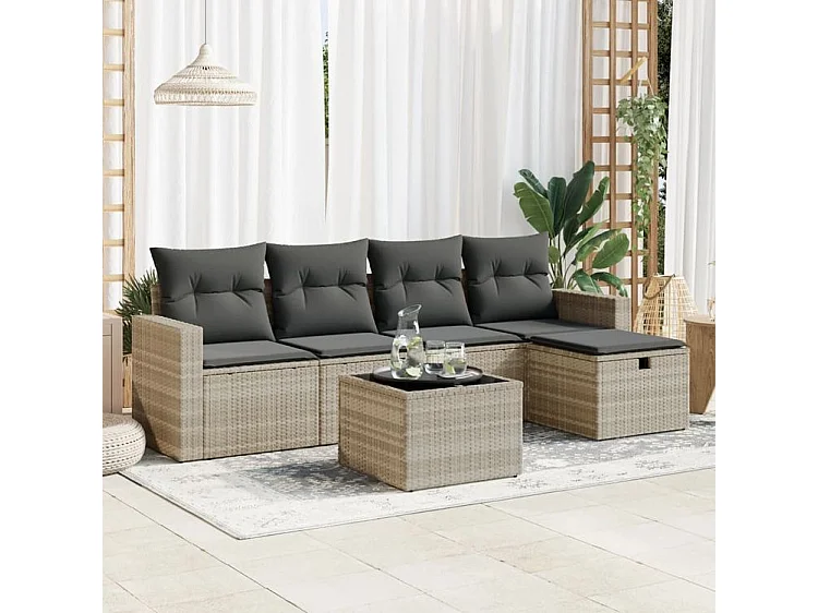 Salon de jardin 6 pcs avec coussins gris clair résine tressée